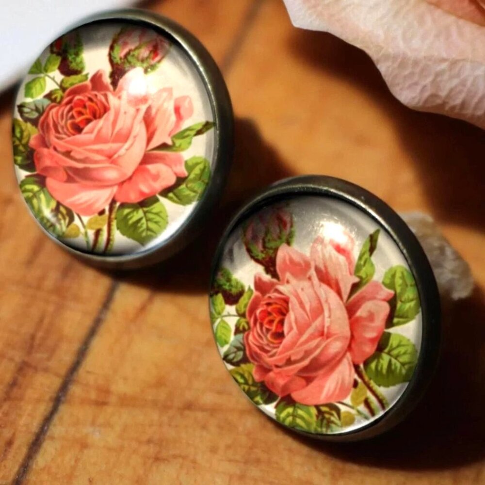 Victorian Tea Rose Stud Earrings - Antique Bronze Romantic Floral Jewelry